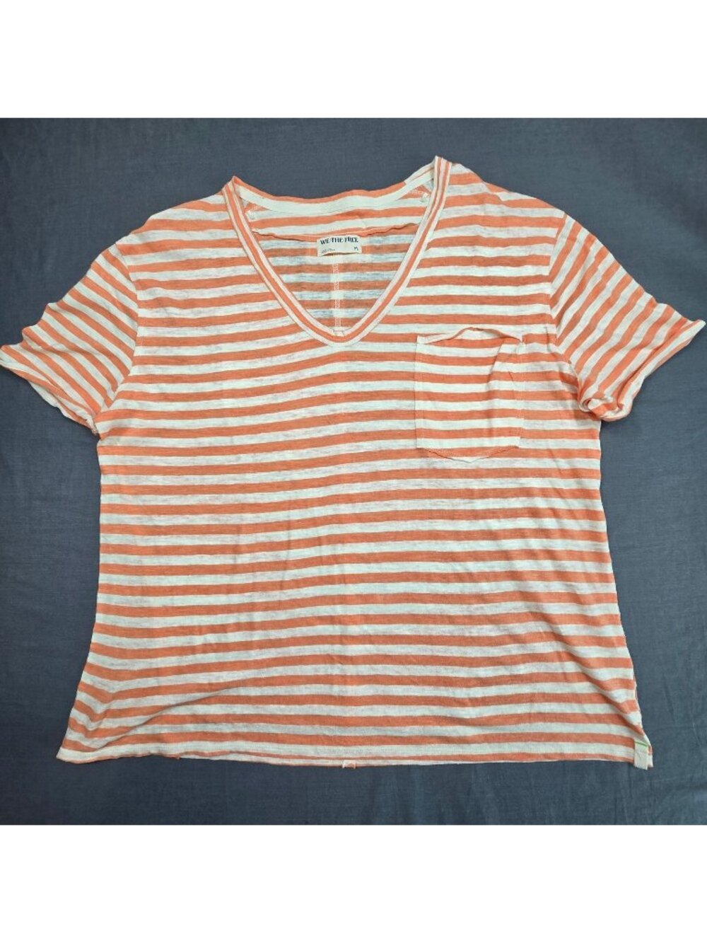 We The Free M Striped V-Neck Short Sleeve Pocket Tee Orange/White Linen Blend